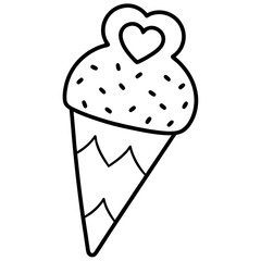 Playful Ice Cream Cone with Overflowing Heart Sprinkles, Line Art Style