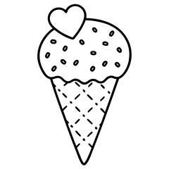 Playful Ice Cream Cone with Overflowing Heart Sprinkles, Line Art Style