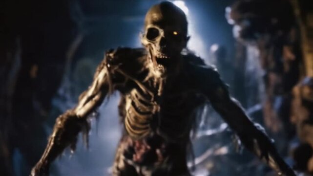 Scary demons with glowing eyes in the night. Dark theme movie. Horror fantasy video clip for Halloween.	
