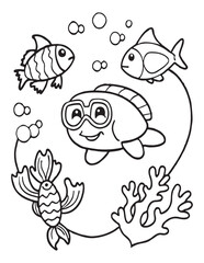 Summer Coloring page, line art, black and white, cute summer illustration, coloring page holiday time