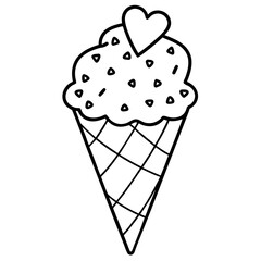 Playful Ice Cream Cone with Overflowing Heart Sprinkles, Line Art Style