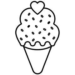 Playful Ice Cream Cone with Overflowing Heart Sprinkles, Line Art Style