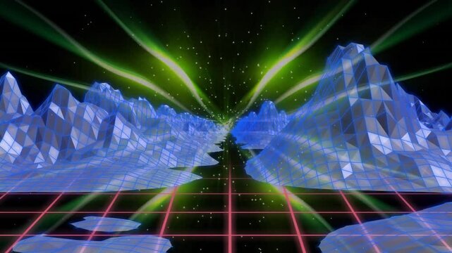 Camera moving forward through neon grid canyon with ridges sweeping and aurora undulating for loop