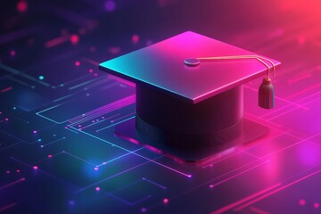 3D online education graduation cap icon, futuristic vector art with metallic sheen and a soft tech background 