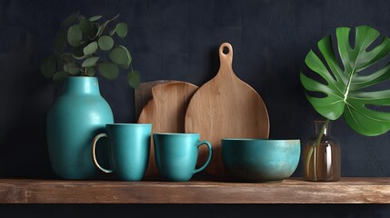 Teal Mug on Table with Leaf Decoration Mockup
