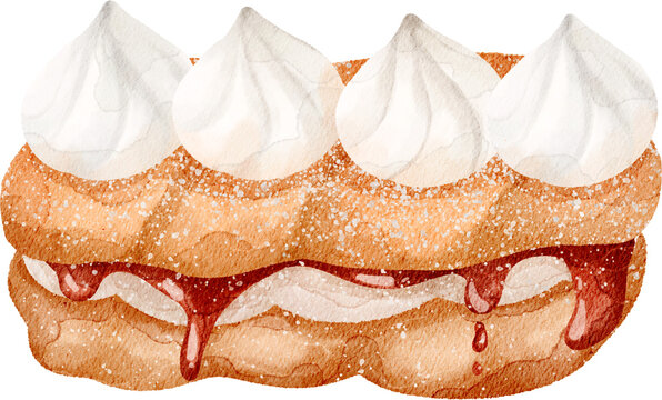 Watercolor Illustration of Vanilla Cream and Strawberry Jam Eclair 