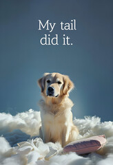 Golden Retriever Sitting on Cloud with Playful Mess