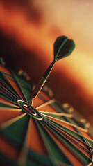 Close-up of dart hitting bullseye on dartboard, set against a blurred sunset background, symbolizing accuracy, precision, and achieving goals