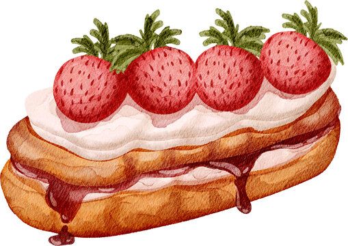 Watercolor Illustration of Vanilla and Strawberry Eclair 