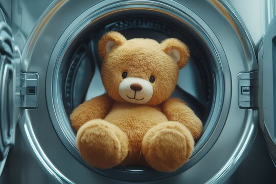 Plush toy bear in washing machine, playful scene