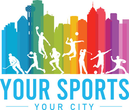 Great editable vector file of multisport players silhouette with city lbuilding andmark in modern and unique logo style best for your digital design and print mockup
