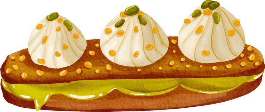 Watercolor Illustration of Matcha Vanilla Cream with Pistachio Eclair 