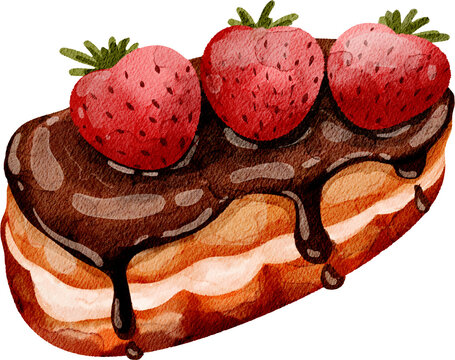 Watercolor Illustration of Chocolate and Strawberry Eclair 