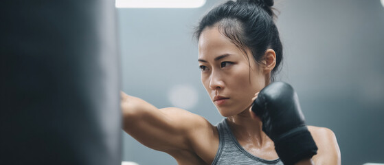 Asian female athlete, focused and determined, practices kickboxing with powerful punch in gym, wearing sportswear and boxing gloves, showcasing strength and fitness