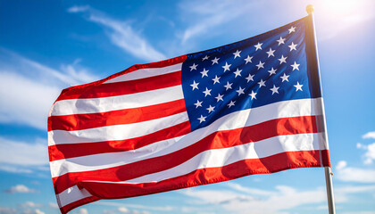 Fototapeta premium low angle view of stars and stripes on american flag against blue sky 