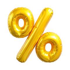Foil yellow birthday balloon in a percent shape for celebration and decor. Сutout PNG file