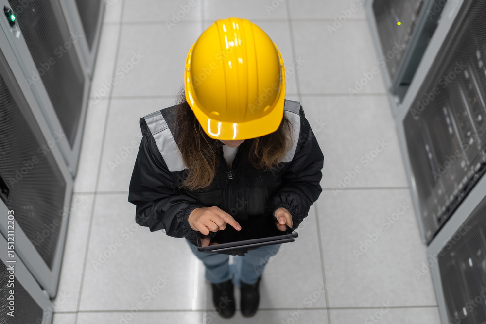 Poster overhead view of female engineer wearing yellow hard hat using tablet in server room, focused and pr