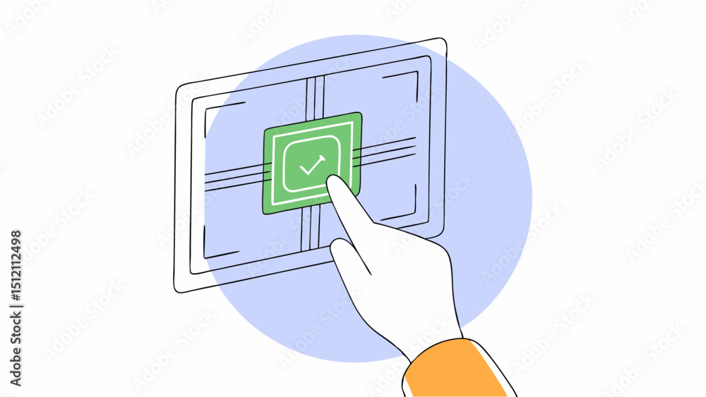Poster vector hand touching glowing digital interface with checkmark symbol, indicating approval
