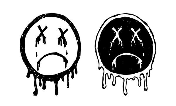 Sad face icon with X eyes and a dripping melt graffiti effect vector hand-drawn.
