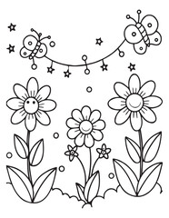Summer Coloring page, line art, black and white, cute summer illustration, coloring page holiday time