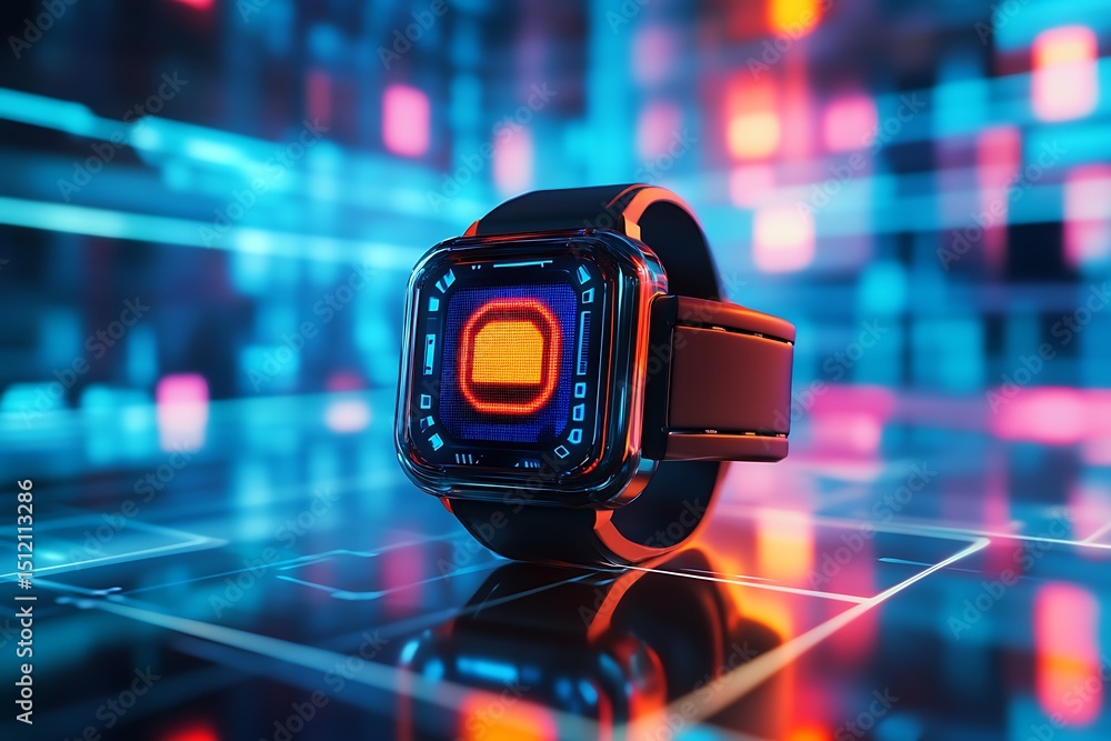 Poster 3d smartwatch icon in vector art style, glossy futuristic display and minimalistic tech-focused back