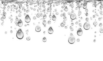 Silver liquid drops and bubbles cascading downward on black background