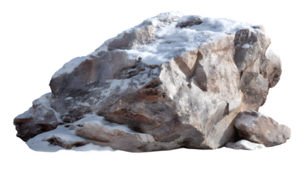 Snow-dusted rock with subtle frost textures and light reflecting from icy patches, isolated on transparent background