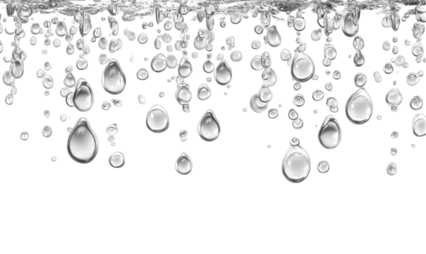 Silver liquid drops and bubbles cascading downward on black background