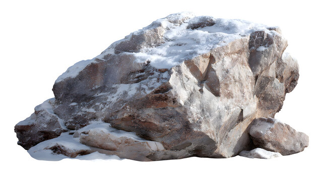 Snow-dusted rock with subtle frost textures and light reflecting from icy patches, isolated on transparent background