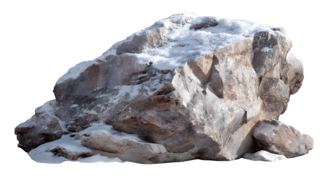 Snow-dusted rock with subtle frost textures and light reflecting from icy patches, isolated on transparent background