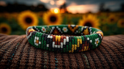 Beaded bracelet in green, black, and gold on woven fabric, symbolizing South African Youth Day pride and heritage.