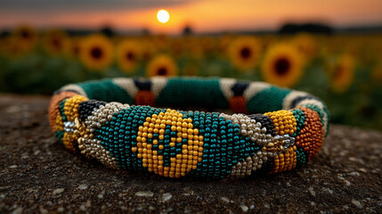 Beaded bracelet in green, black, and gold on woven fabric, symbolizing South African Youth Day pride and heritage.