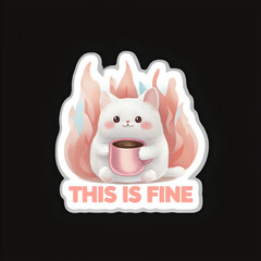 Chubby White Cat With Pink Mug Surrounded By Soft Flames