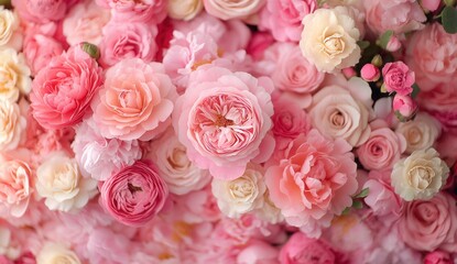 Vibrant Display of Pink and Cream Roses: A Close-Up View of an Abundant Flower Arrangement in Soft Pastel Hues, Perfect for Celebrations and Decor