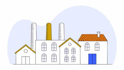 Vector detailed vector illustration of industrial building with smokestacks and house