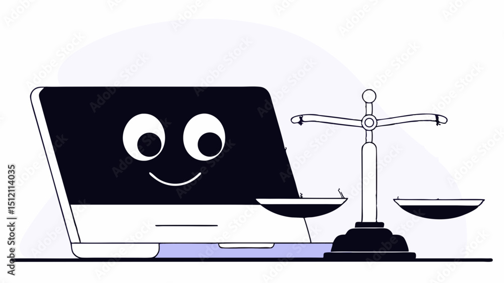 Poster vector laptop computer with smiling face next to balance scale, symbolizing justice and technology