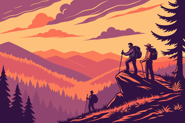 Vector Hikers enjoy stunning sunset view over mountains and forests, capturing beauty of nature
