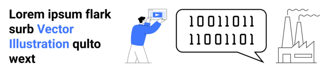 Person holding screen with play button, speech bubble with binary code, factory illustration. Ideal for technology, coding, innovation, industry, automation, communication simple landing page