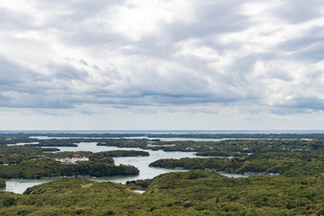 High level panoramic view over Ise-Shima National Park and nature of the surrounding areas of Ago Bay, Japan, known for its pearl cultivation