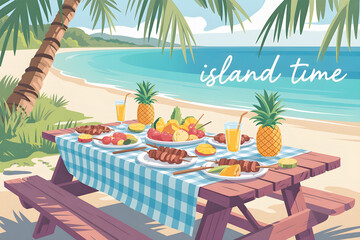 A picturesque "island time" picnic on a tropical beach features a checkered tablecloth laden with grilled food, pineapples, and refreshing drinks under palm trees
