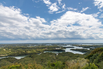 High level panoramic view over Ise-Shima National Park and nature of the surrounding areas of Ago Bay, Japan, known for its pearl cultivation