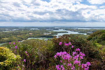 High level panoramic view over Ise-Shima National Park and nature of the surrounding areas of Ago Bay, Japan, known for its pearl cultivation