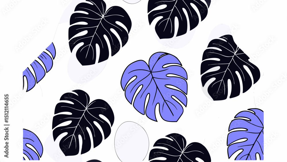 Poster vector seamless pattern of monstera leaves in black and blue, creating modern and stylish design