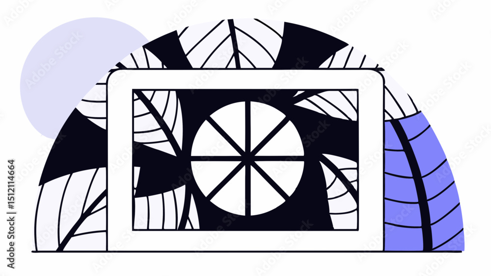 Poster vector stylized laptop with leaf patterns and circular design elements, conveying