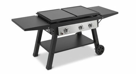 Modern Black Flat Top Grill with Countertops and Silver Knobs on White Background