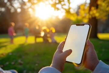 Child playing smartphone game on park bench