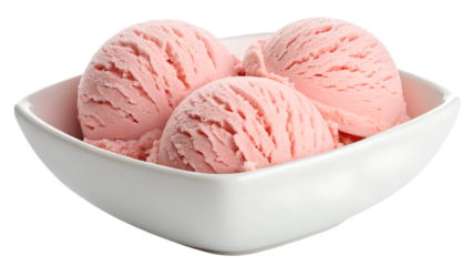 A delicious scoop of pink strawberry ice cream, a cold dessert, blocked by ice
