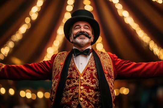 Charismatic Circus Ringmaster on Stage with Spotlights