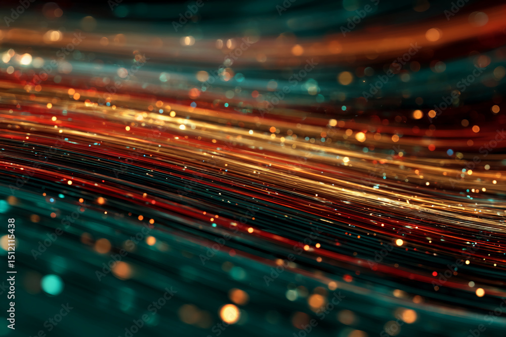 Poster Abstract image of flowing, multicolored lines with glowing particles, creating a dynamic and vibrant visual effect, showcasing energy, movement, and technology