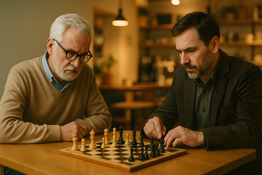 Elderly man and middle-aged man playing chess in cozy cafe setting for International Chess Day